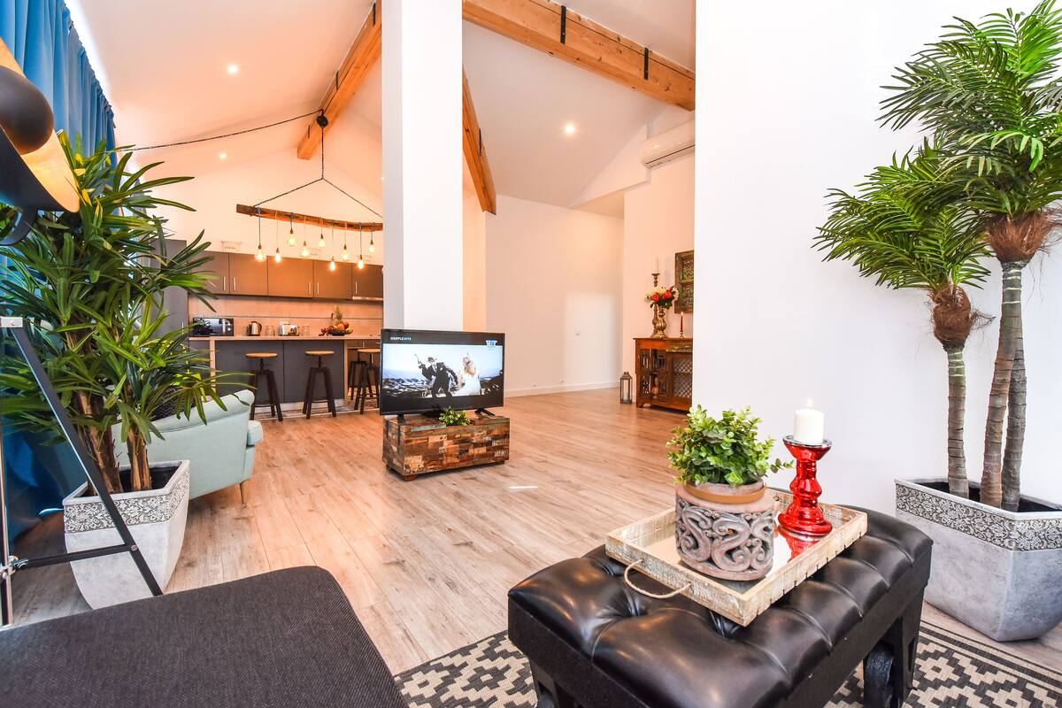 Appartement Penthouse exclusif, 2 chambres, terrasse, vue sur le fleuve | Aire de séjour | Téléviseur à DEL