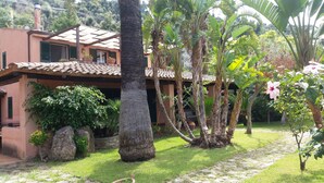 Een huis met pannendak, omgeven door weelderige begroeiing en grote bomen.