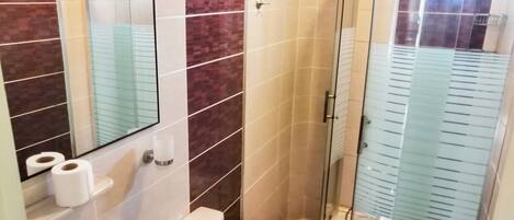Un baño con inodoro, lavamanos, espejo y cabina de ducha de vidrio.
