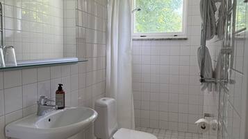 Ett modernt badrum med ett vitt handfat, en toalett och en dusch.