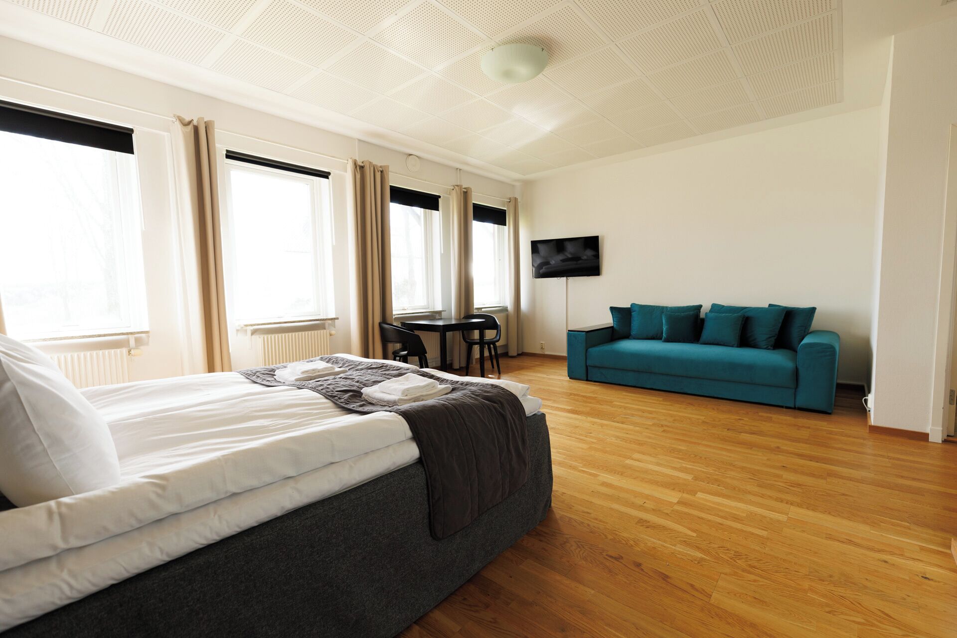 Une chambre d’hôtel avec un lit, un bureau, une chaise, un canapé de couleur turquoise et un téléviseur fixé au mur.