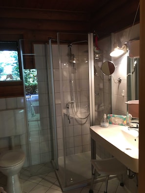 Dusche, Haartrockner, Seife, Toilettenpapier