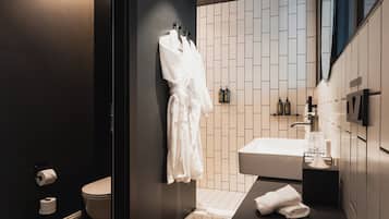 Shower, rainfall showerhead, hair dryer, heated floors