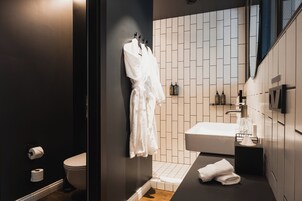 Shower, rainfall showerhead, hair dryer, heated floors