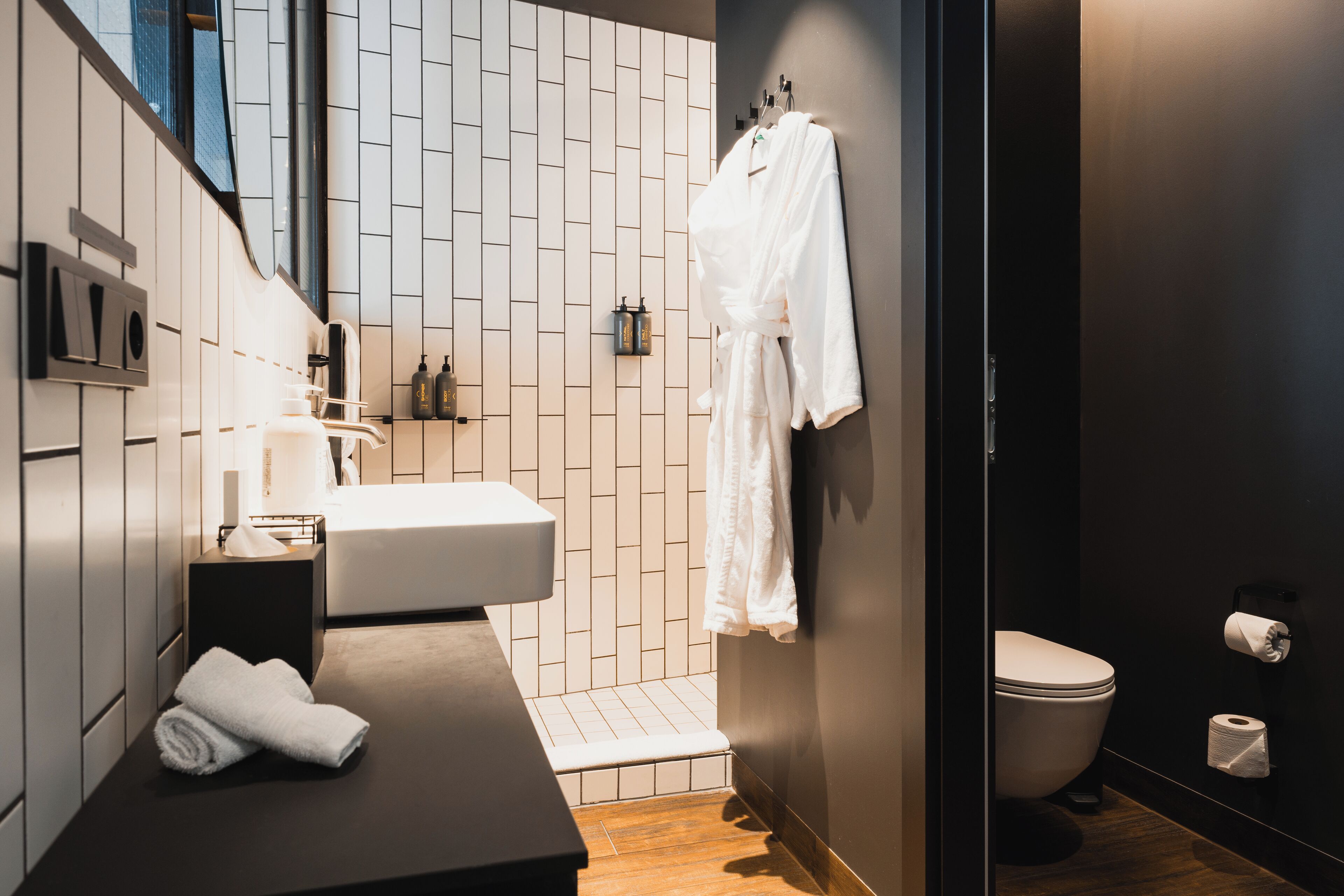 shower, rainfall showerhead, hair dryer, heated floors