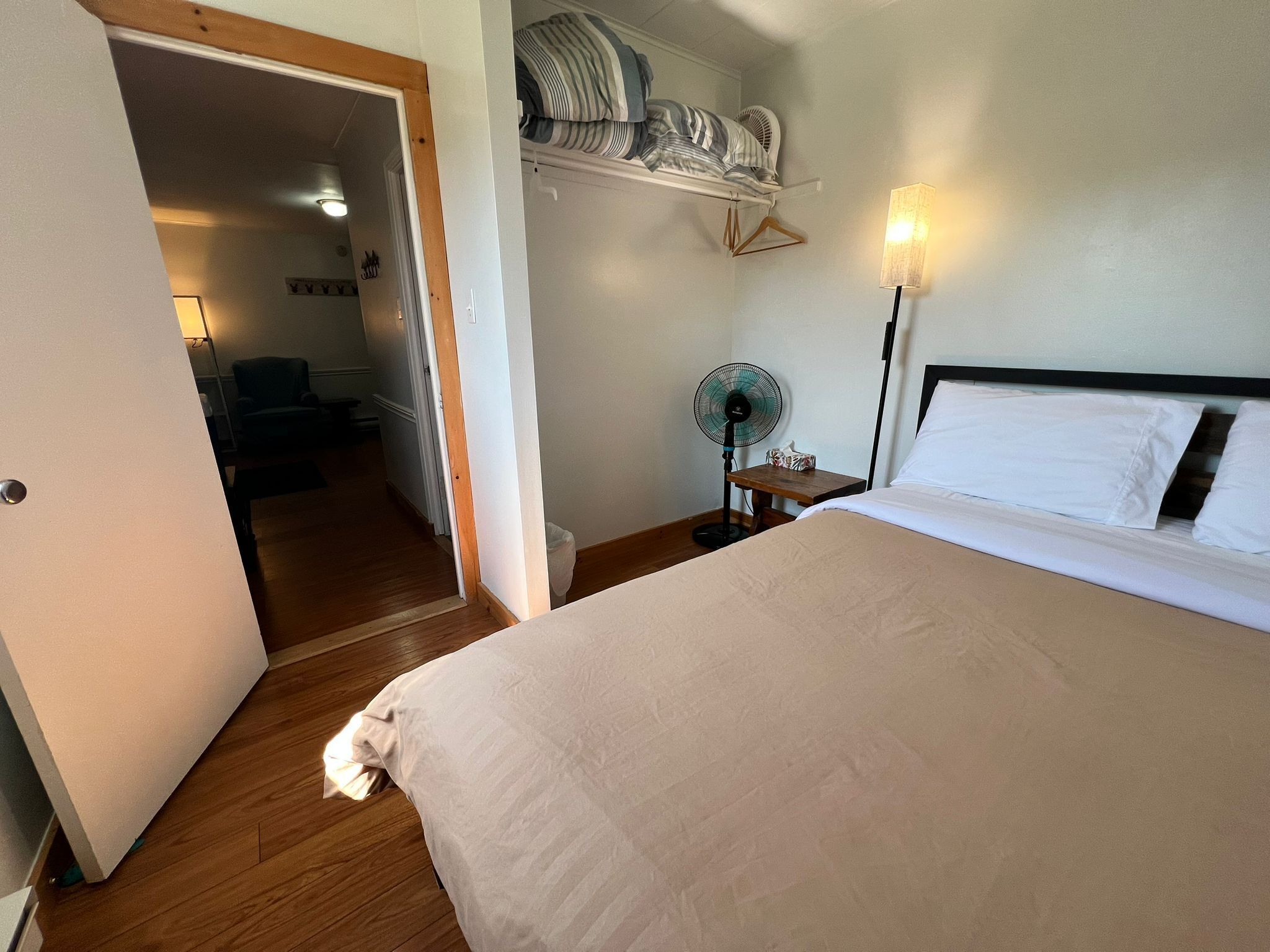 A hotel room with a bed, a bedside table with a lamp, a fan, and a wardrobe with hanging clothes.