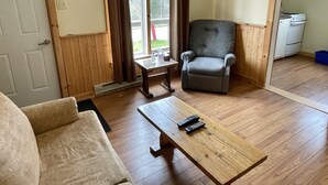 A living room with a wooden floor, a grey armchair, a wooden coffee table with remotes, a door, and a window with curtains.