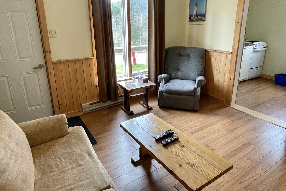 A living room with a wooden floor, a grey armchair, a wooden coffee table with remotes, a door, and a window with curtains.