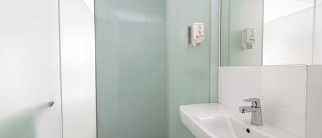 A modern bathroom with a glass shower enclosure, a white sink, and a mirror.
