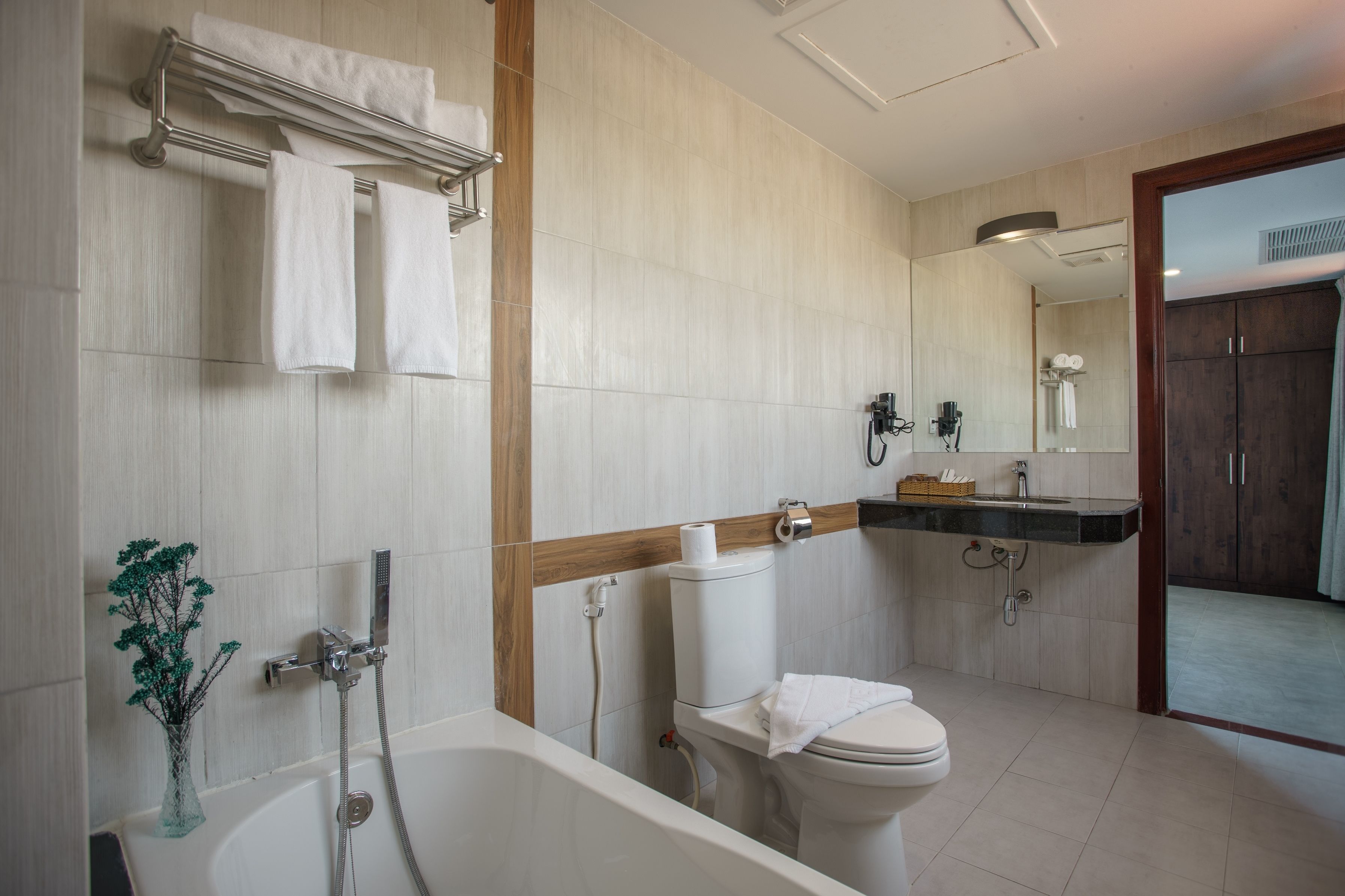 free toiletries, dressing gowns, slippers, towels