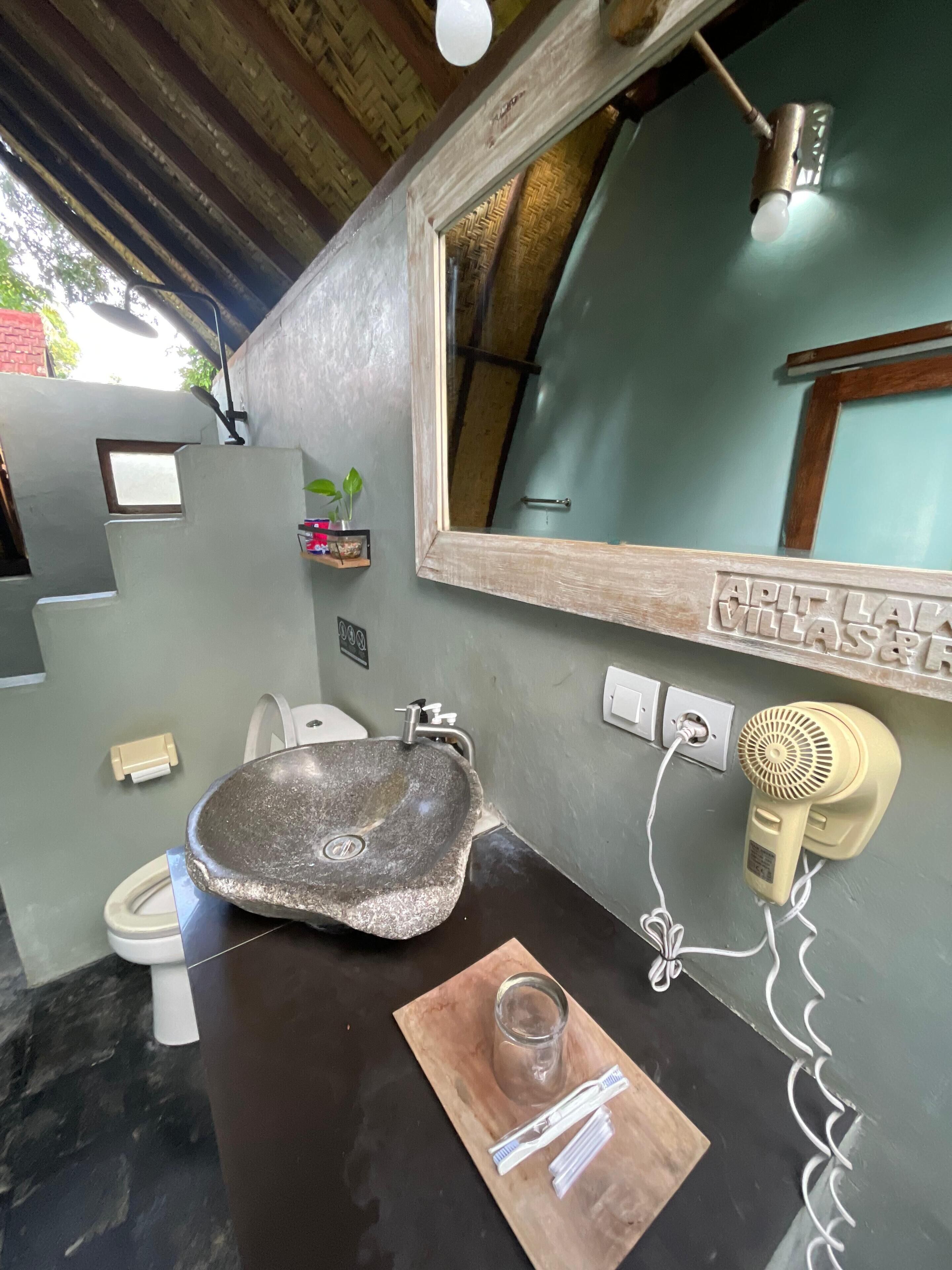 Un bagno con un lavabo in pietra, uno specchio, un asciugacapelli e un piccolo ripiano con una pianta.