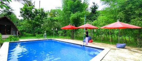 A swimming pool with red umbrellas, surrounded by lush greenery and a wooden deck.