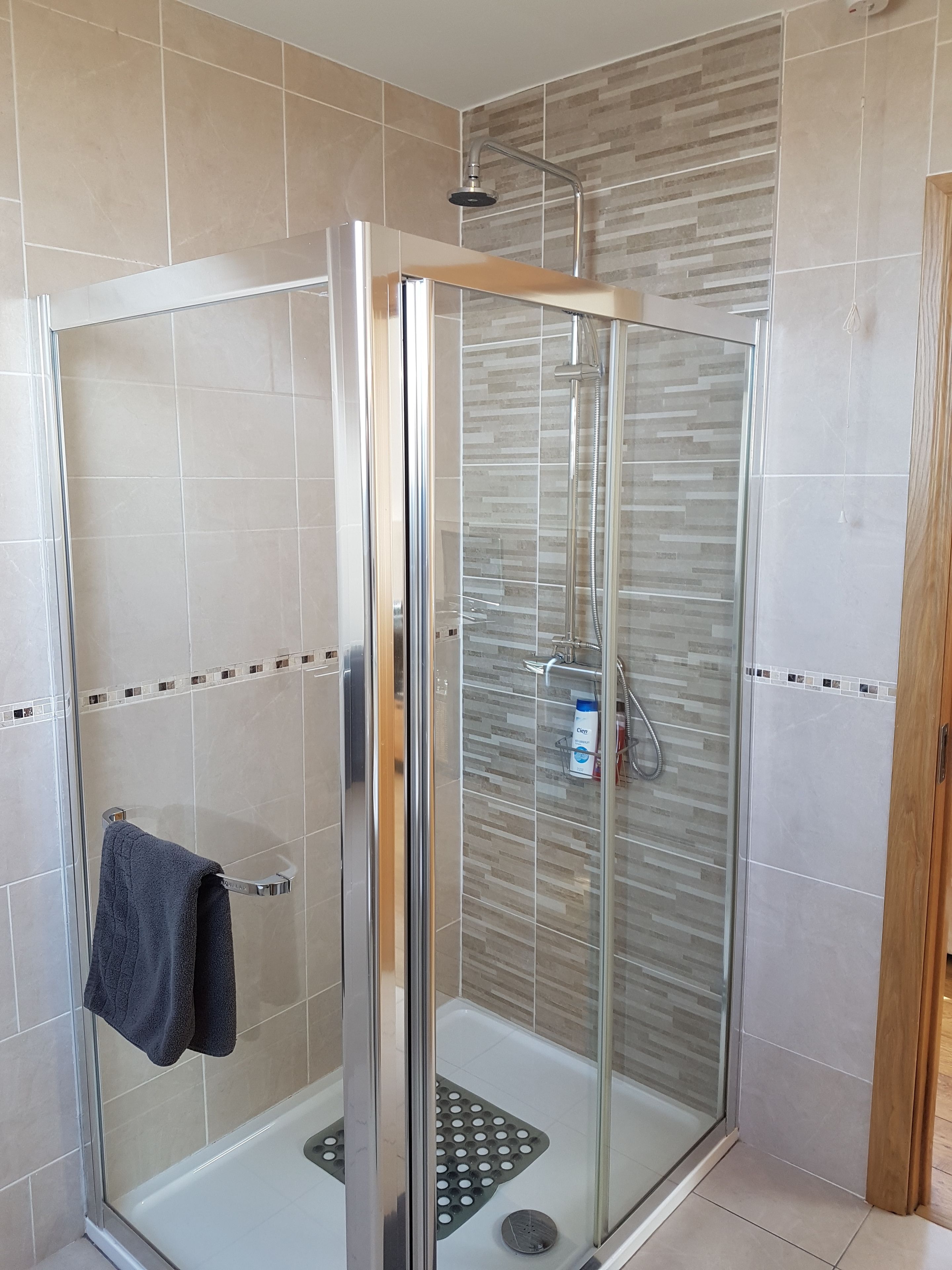 A glass-enclosed shower with a handheld showerhead, a towel rack, and a bottle of shower gel on the wall.