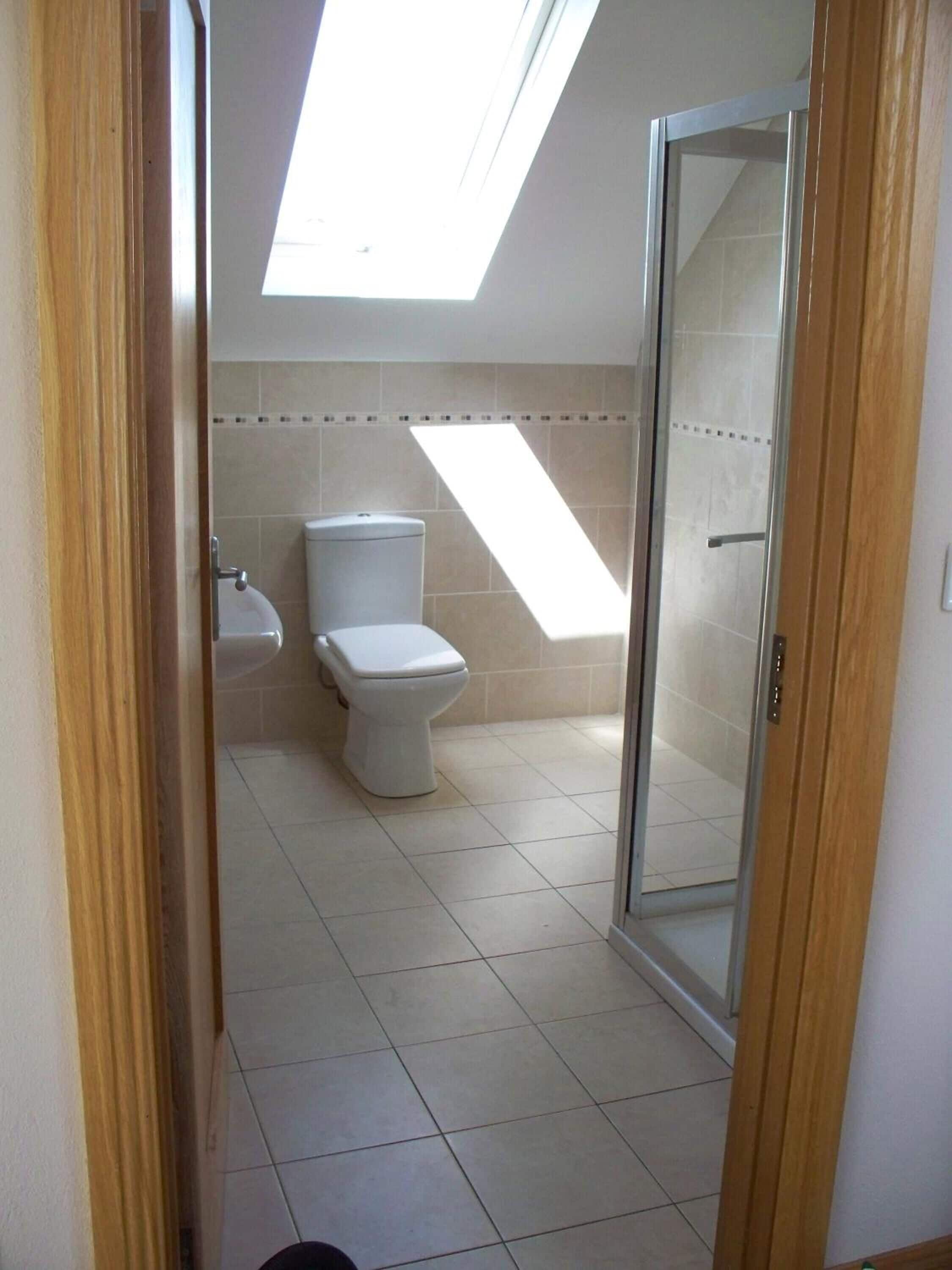 A bathroom with a skylight, a toilet, and a shower area.