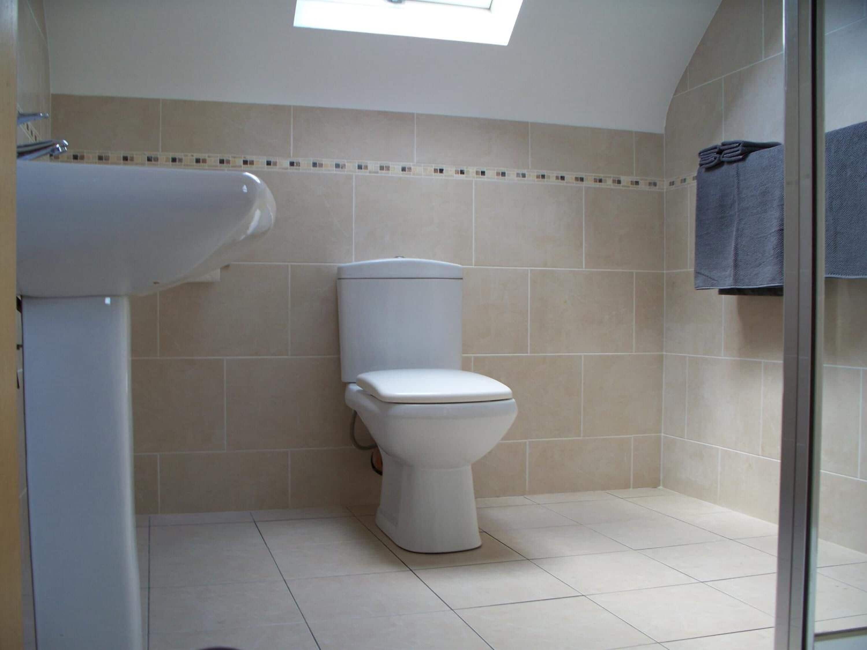 A bathroom with a toilet, sink, and a towel rack.