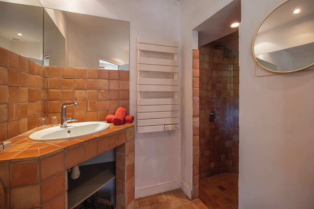 Une salle de bain avec un lavabo, un miroir et une douche.