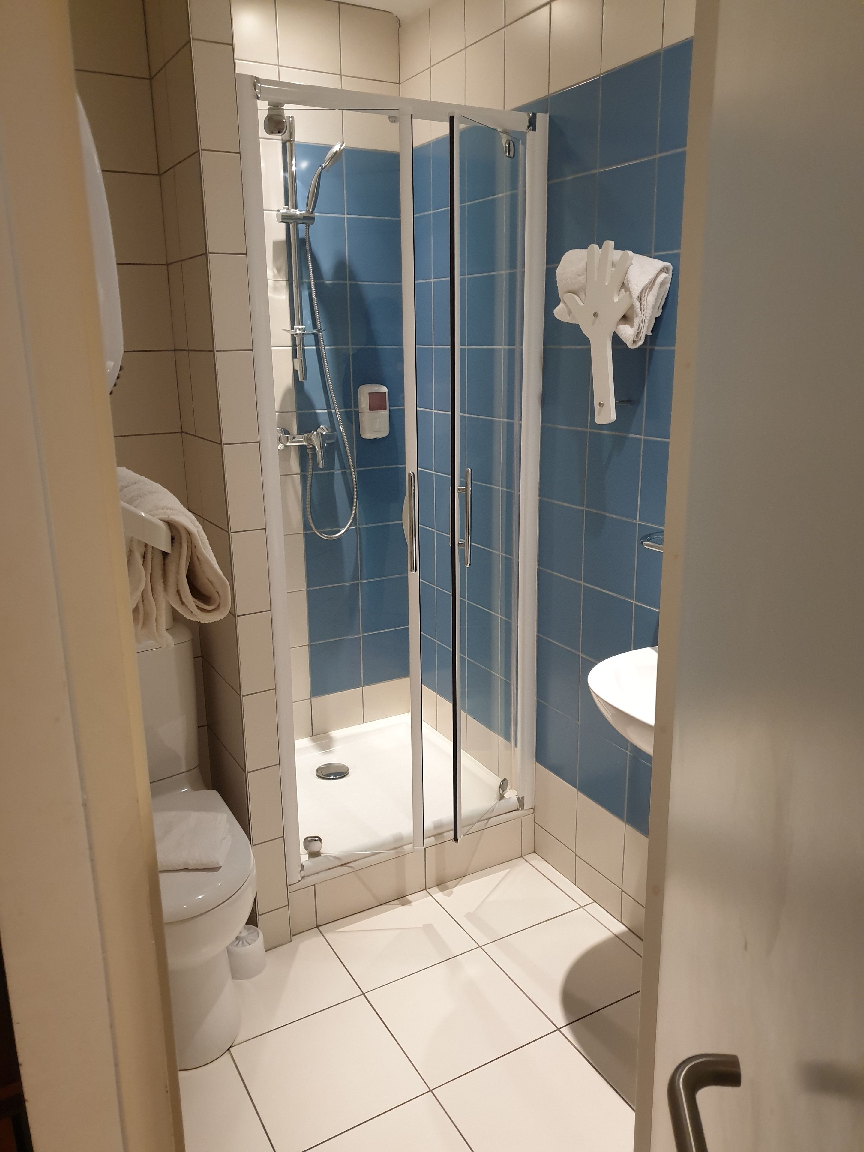 A bathroom with a glass-enclosed shower, a toilet, and a sink.