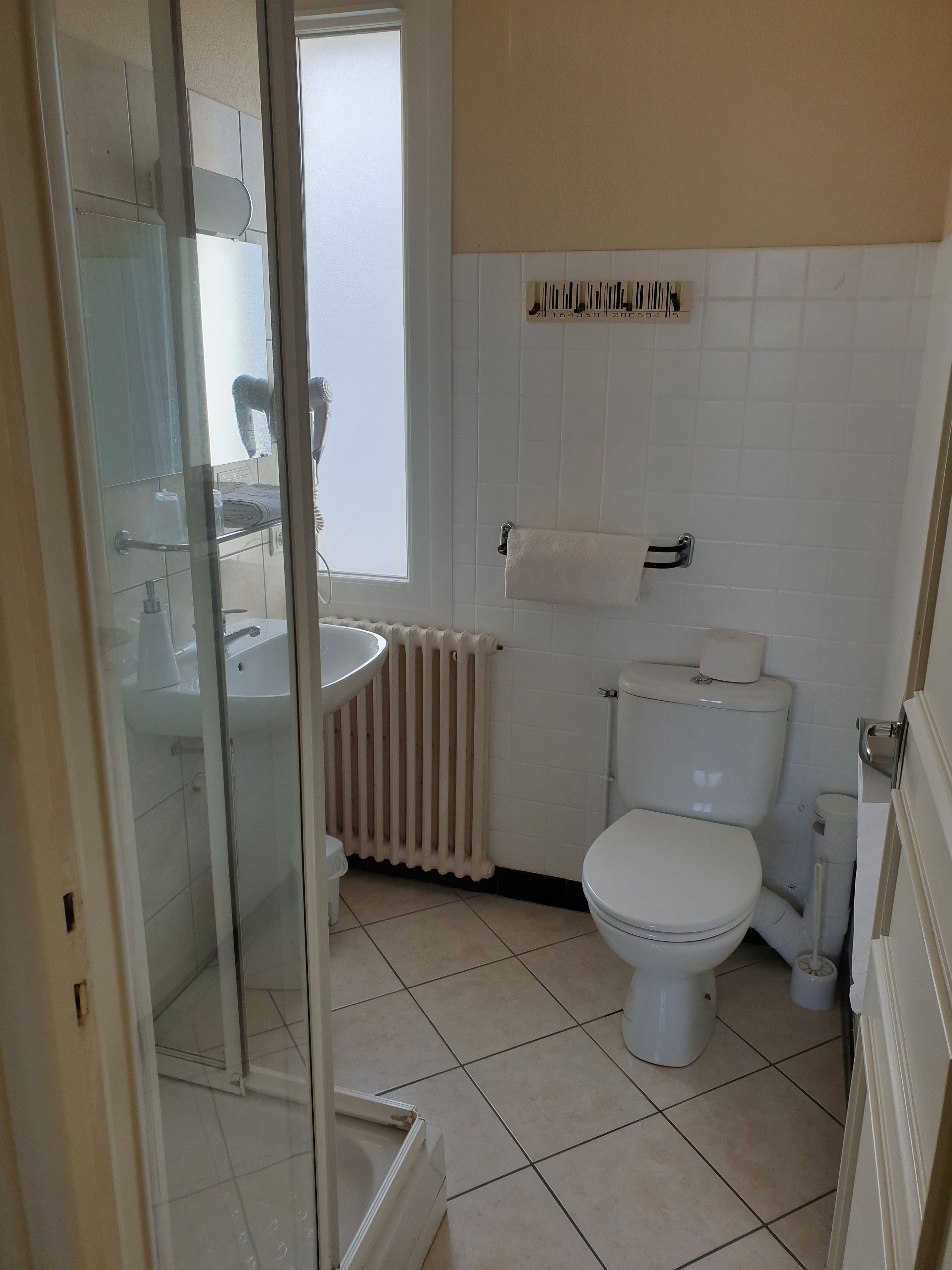 Une salle de bain avec une douche à parois de verre, des toilettes, un lavabo et un porte-serviettes.