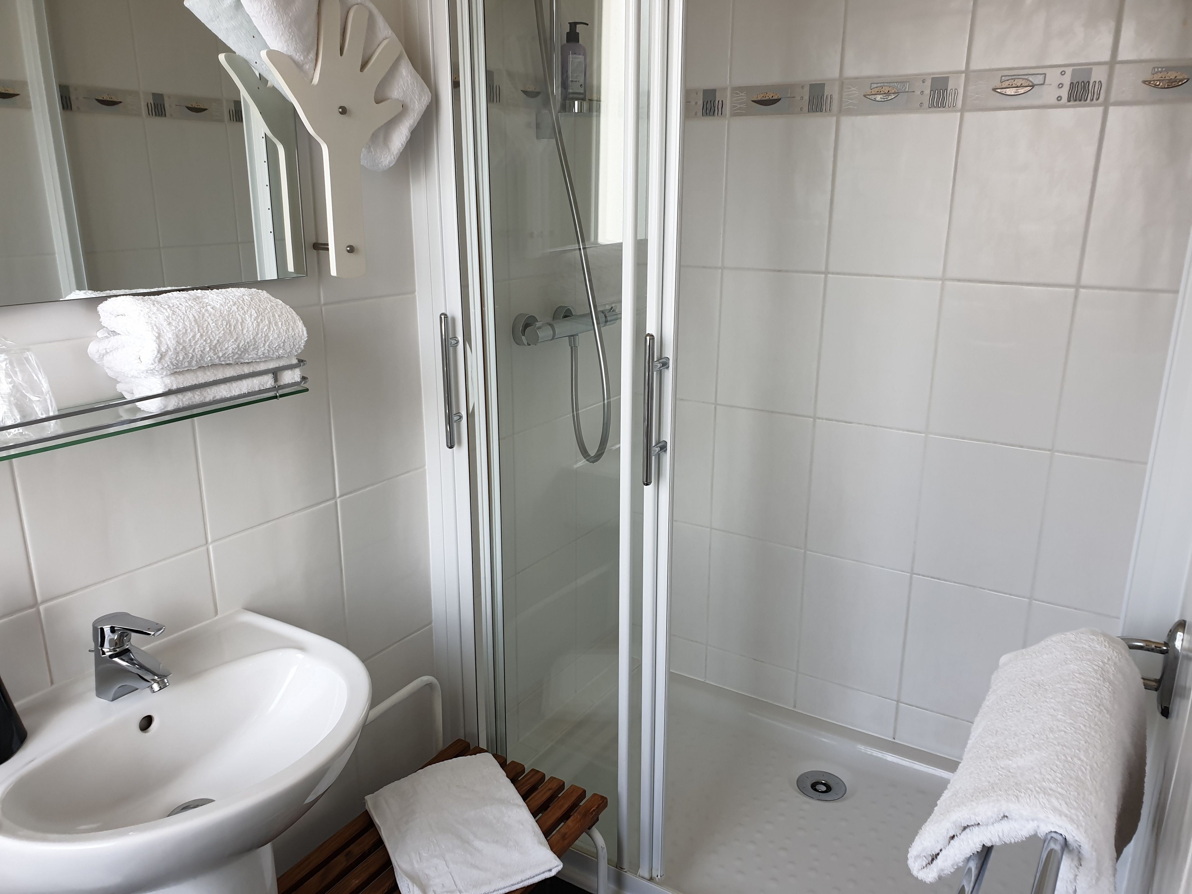 A modern bathroom with a glass-enclosed shower, a white sink, and a towel rack.