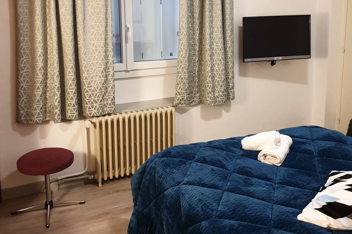A room with a bed, a TV, a radiator, and a window with curtains.