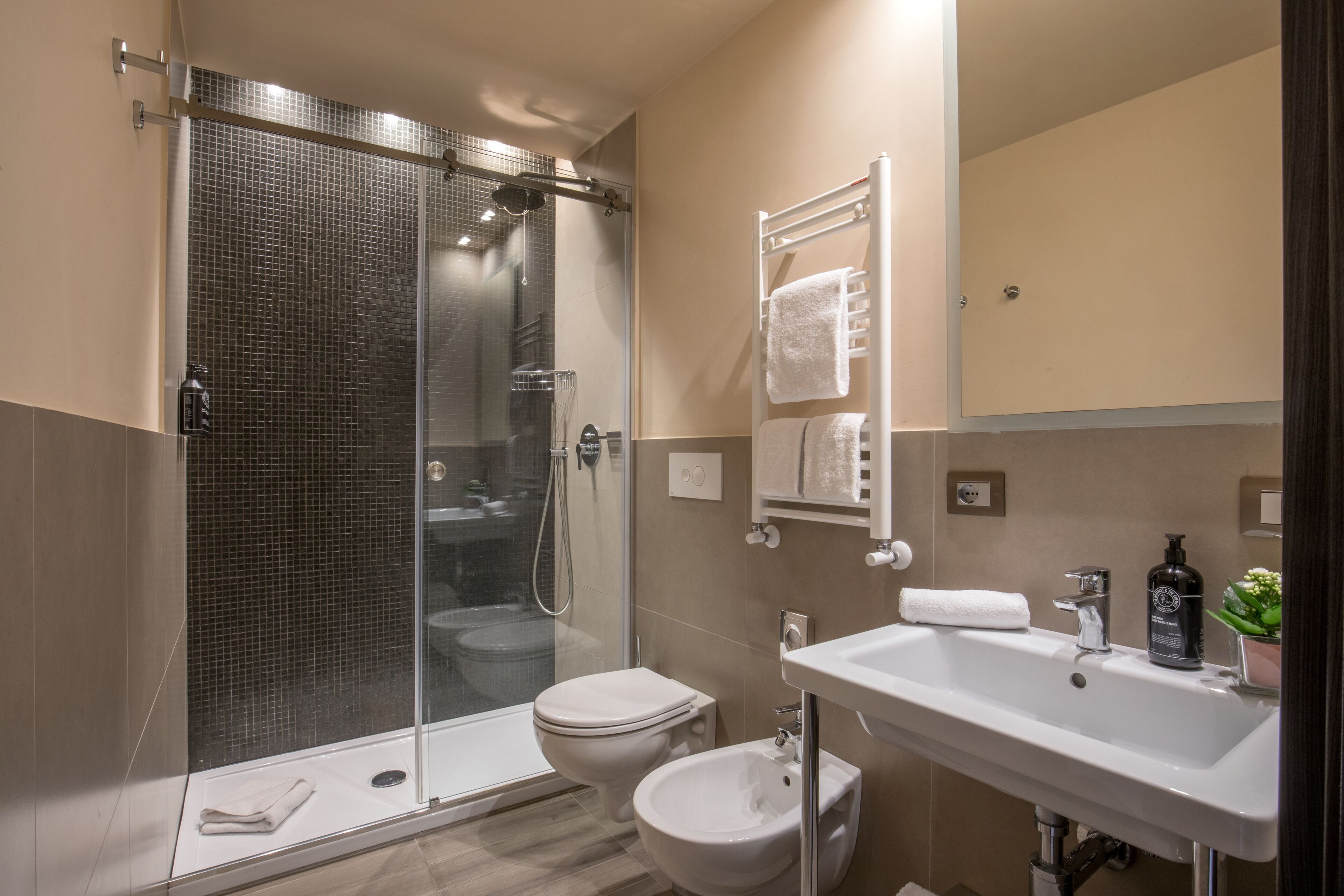 shower, eco-friendly toiletries, hair dryer, towels