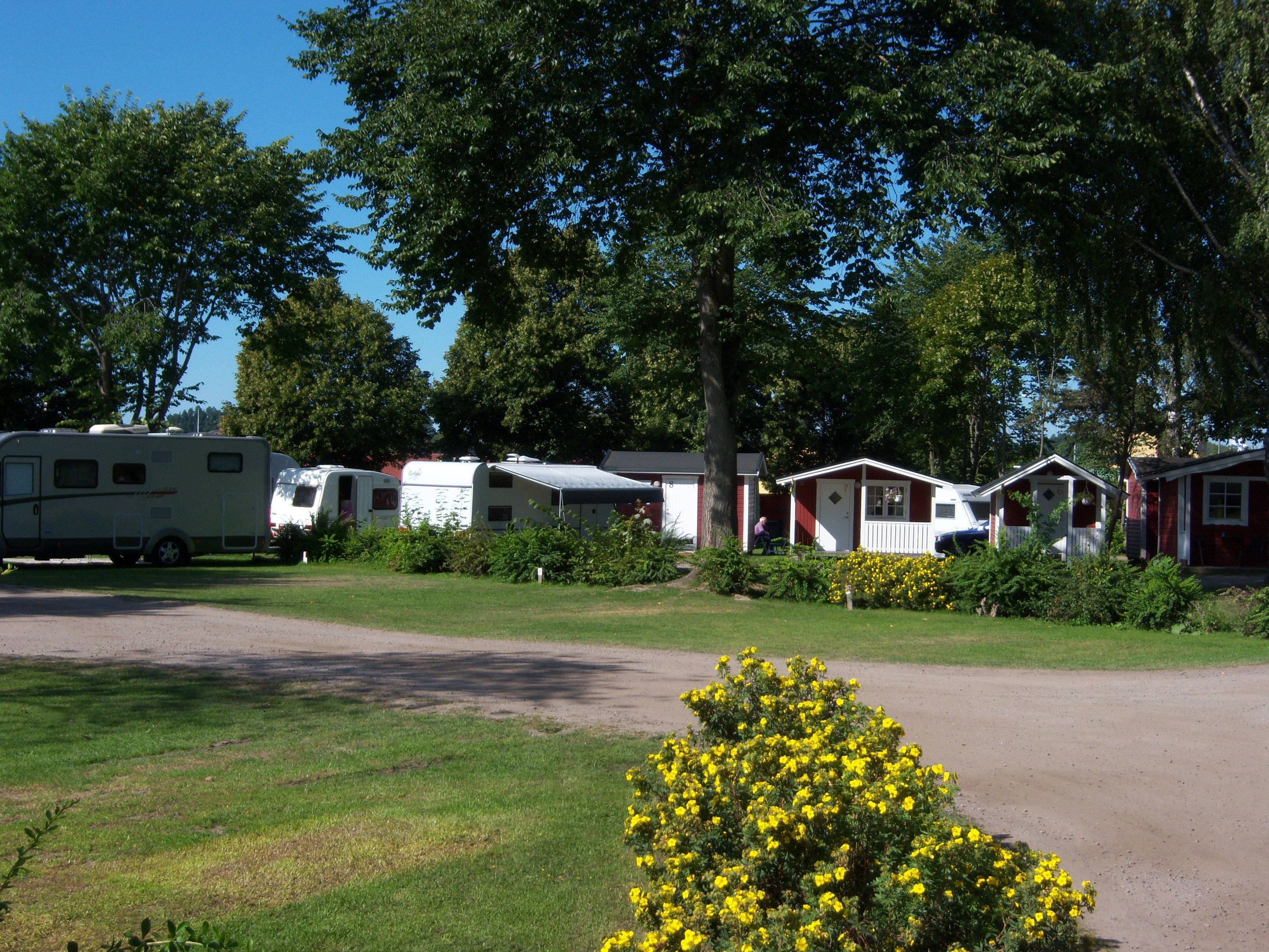 A campsite with RVs and mobile homes, surrounded by trees and a grassy area.