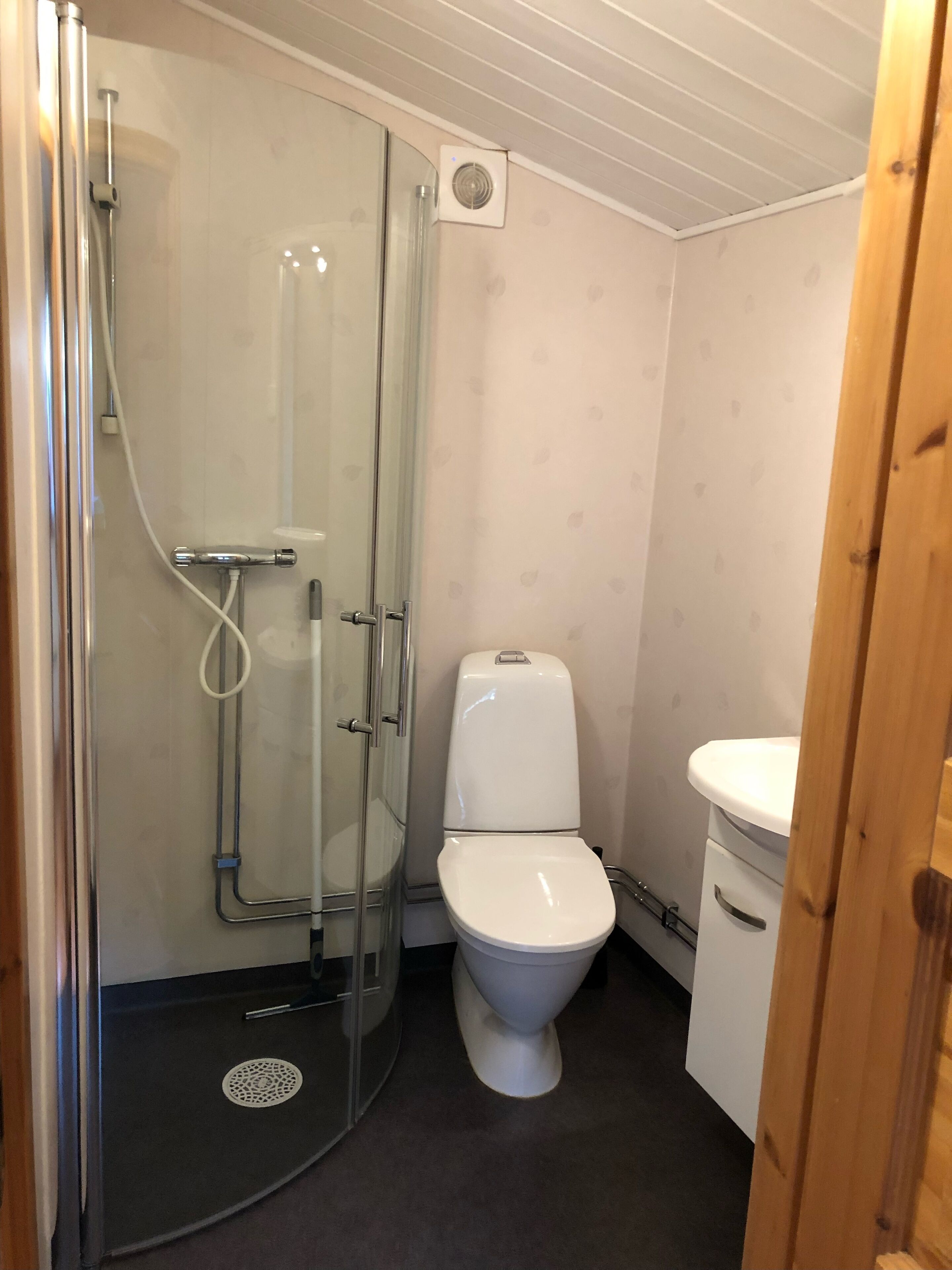 Een compacte badkamer met een douchecabine van glas, een wit toilet en een klein kastje.