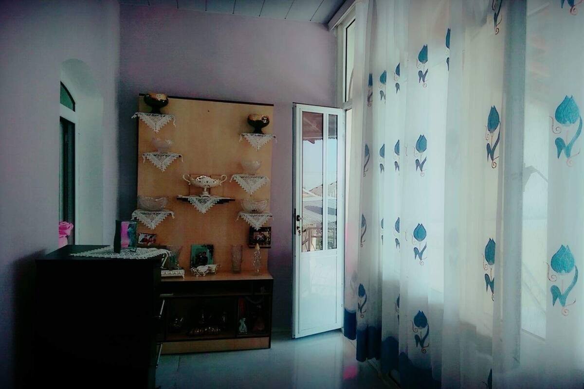 A room with a wooden cabinet displaying various items, a door leading outside, and a curtain with a leaf pattern.