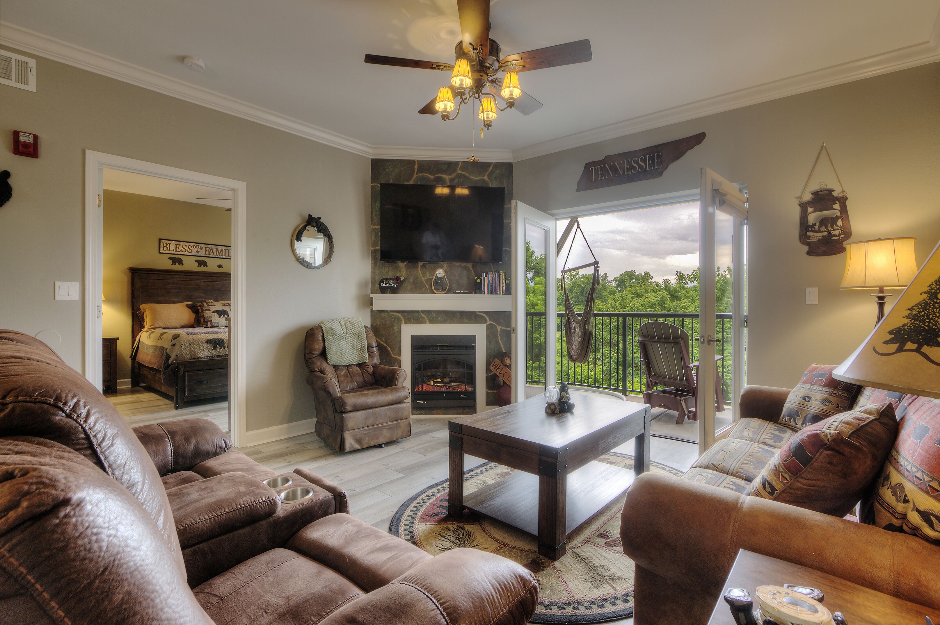 Smart TV, fireplace, DVD player, books