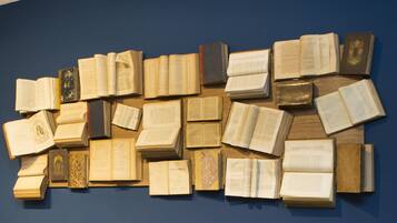 Una colección de libros ordenados sobre una superficie de madera, frente a una pared azul.