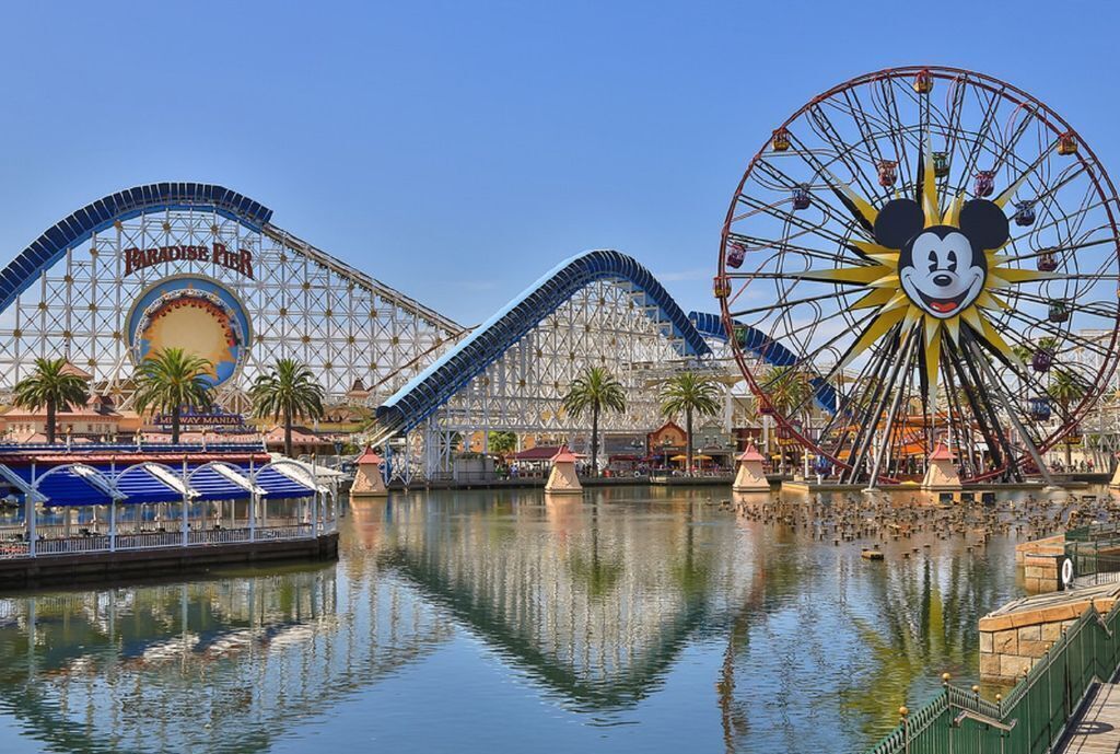 A water park with a roller coaster, a Ferris wheel, and a Mickey Mouse-themed attraction.