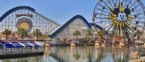 A water park with a roller coaster, a Ferris wheel, and a Mickey Mouse-themed attraction.