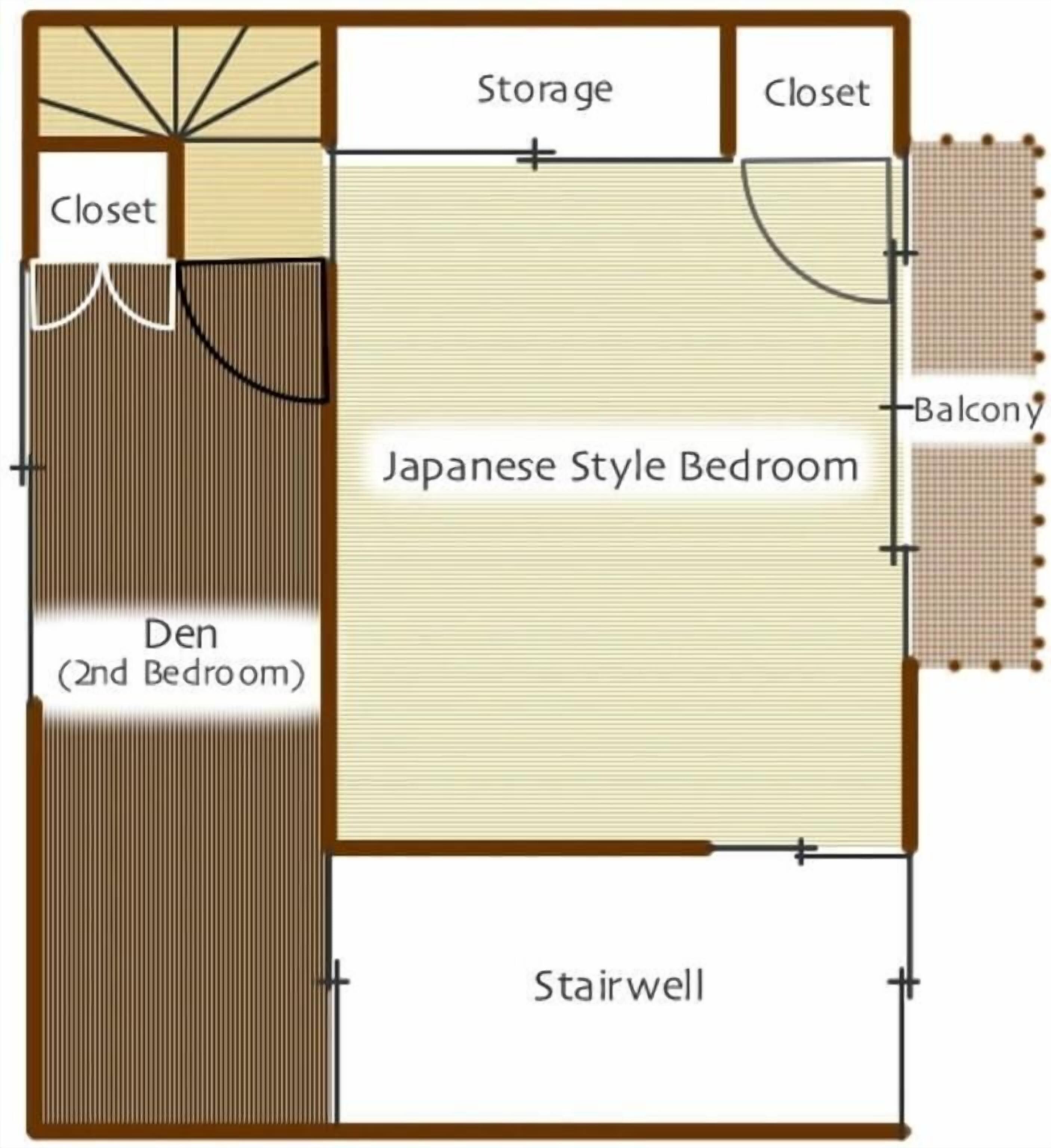 A Japanese style bedroom with a closet, storage, balcony, and a second bedroom.