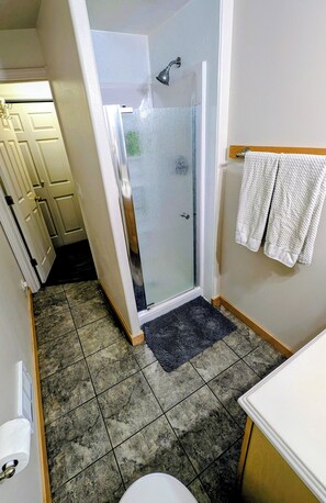 Shower, hair dryer, towels