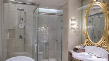 Shower, free toiletries, hair dryer, bathrobes