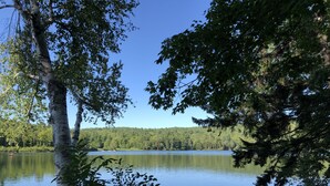 A serene lake surrounded by dense forest and a clear blue sky. - On Silver Lake Close To Woodstock (Barnard)