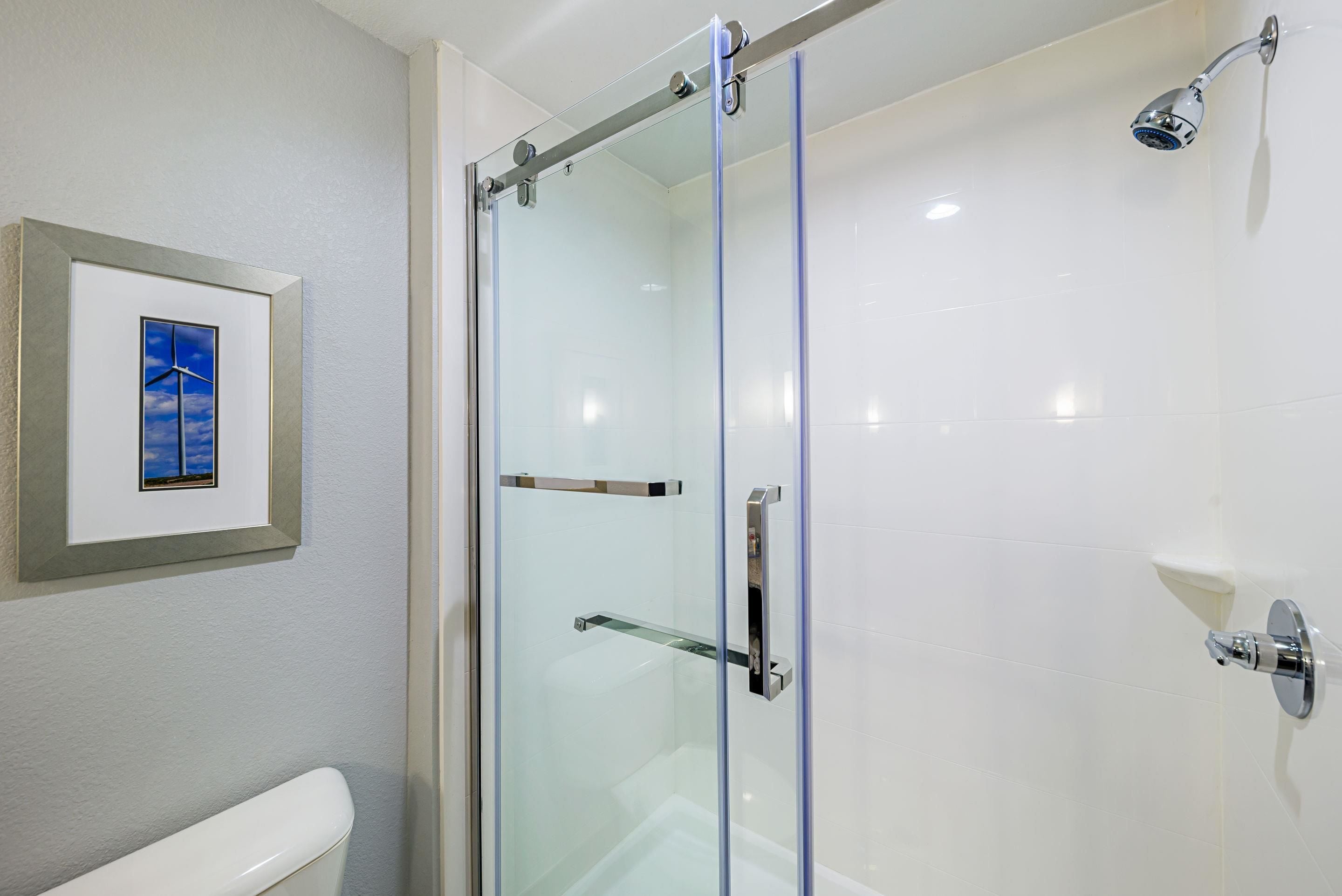 A modern bathroom with a glass shower enclosure, a framed picture on the wall, and a white toilet.