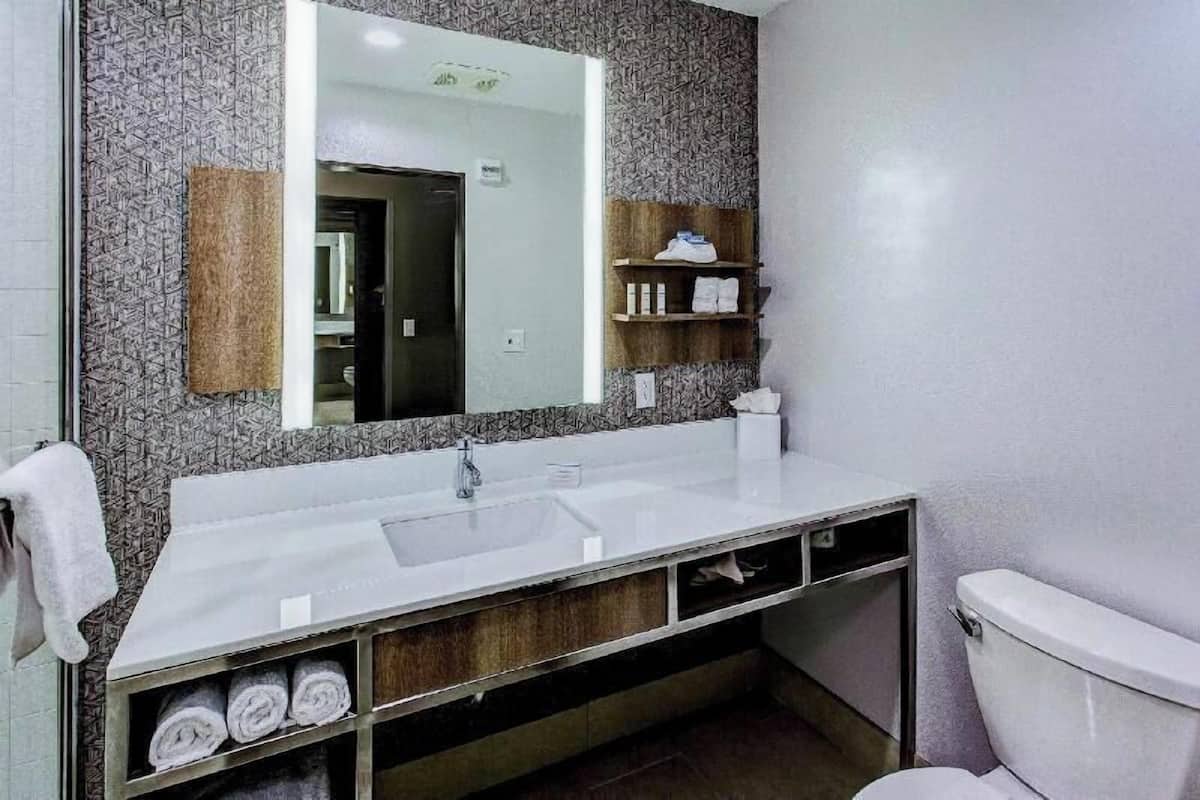 A bathroom with a large mirror, a white sink, a toilet, and a towel rack.