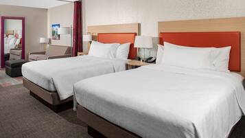 Desk, laptop workspace, blackout curtains, iron/ironing board