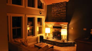 TV, fireplace, books, stereo