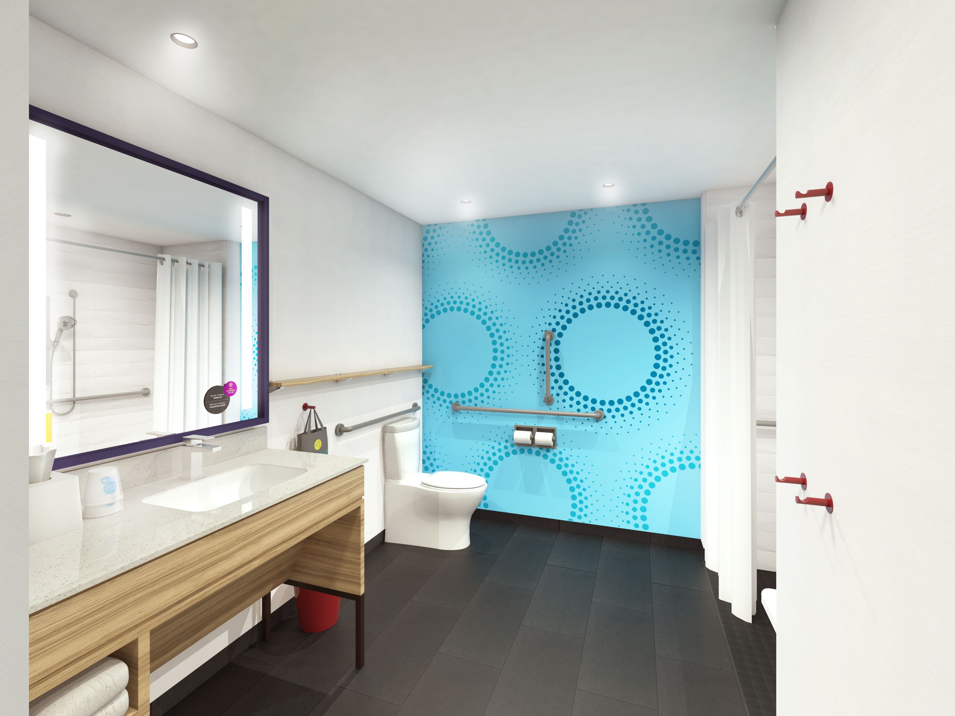 hydromassage showerhead, hair dryer, towels, soap