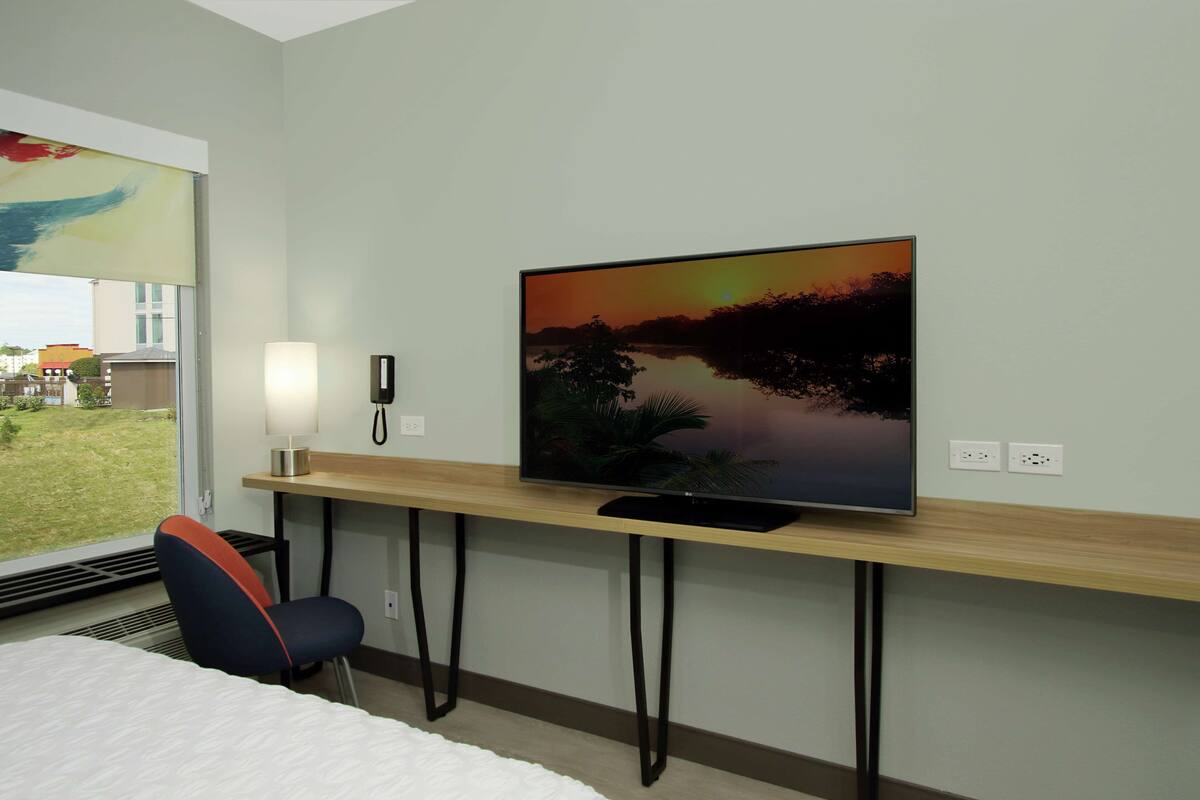 A hotel room with a bed, a desk with a television, a chair, and a window with a view of buildings and greenery.