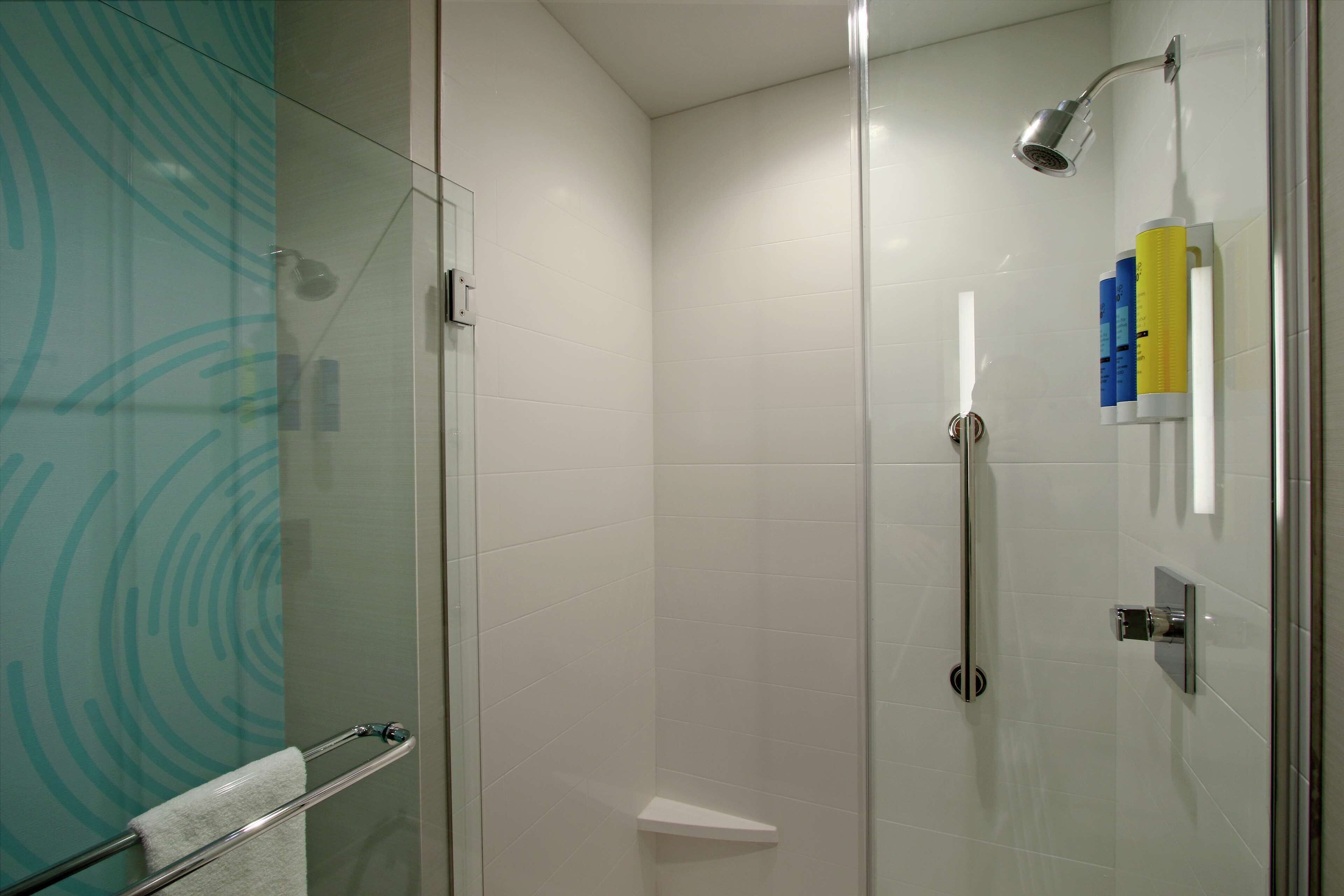 A glass-enclosed shower area with a handheld showerhead, a glass door, and a towel rack.