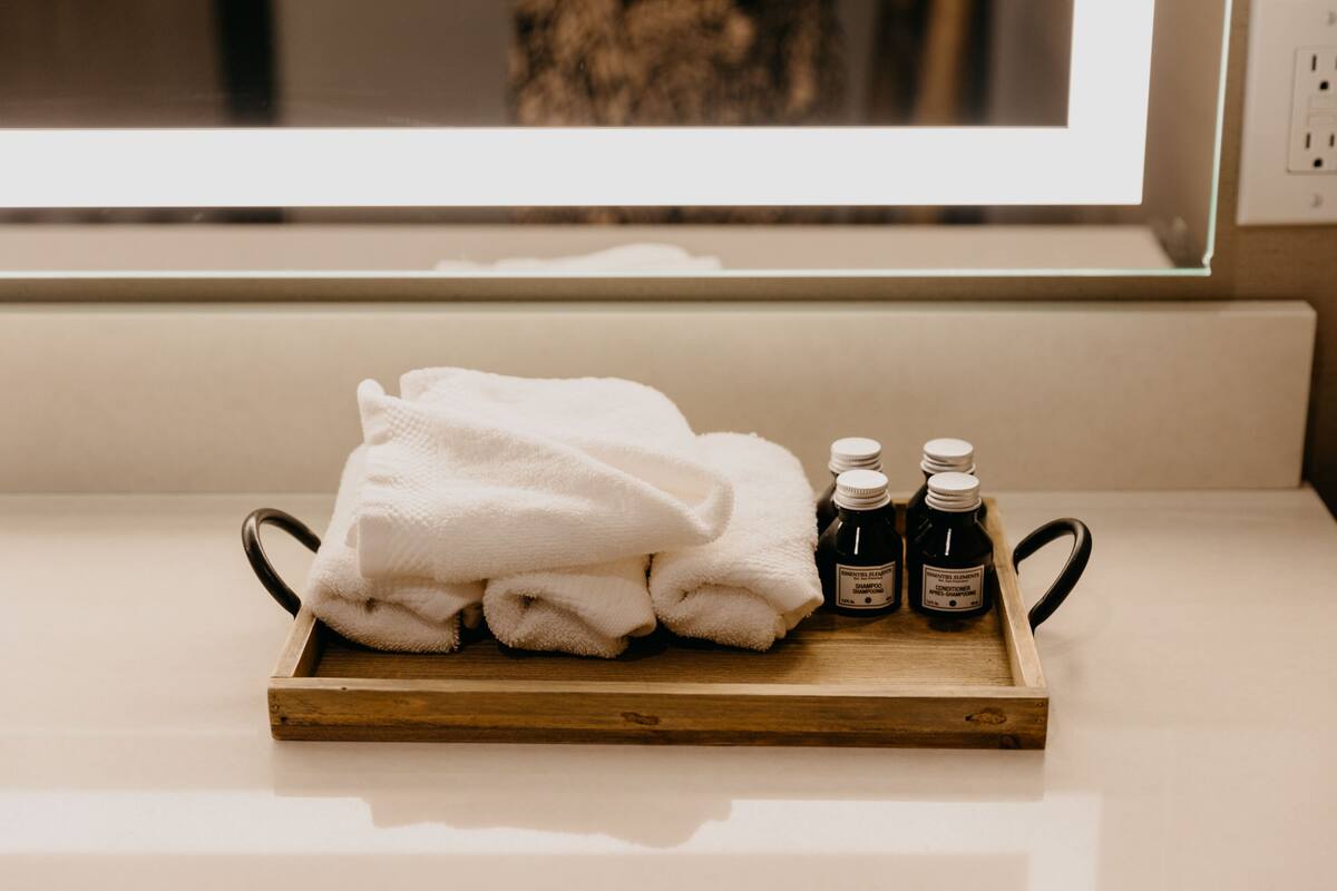 free toiletries, hair dryer, towels