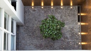Een modern interieur met een bakstenen muur, een hangplant en inbouwverlichting.