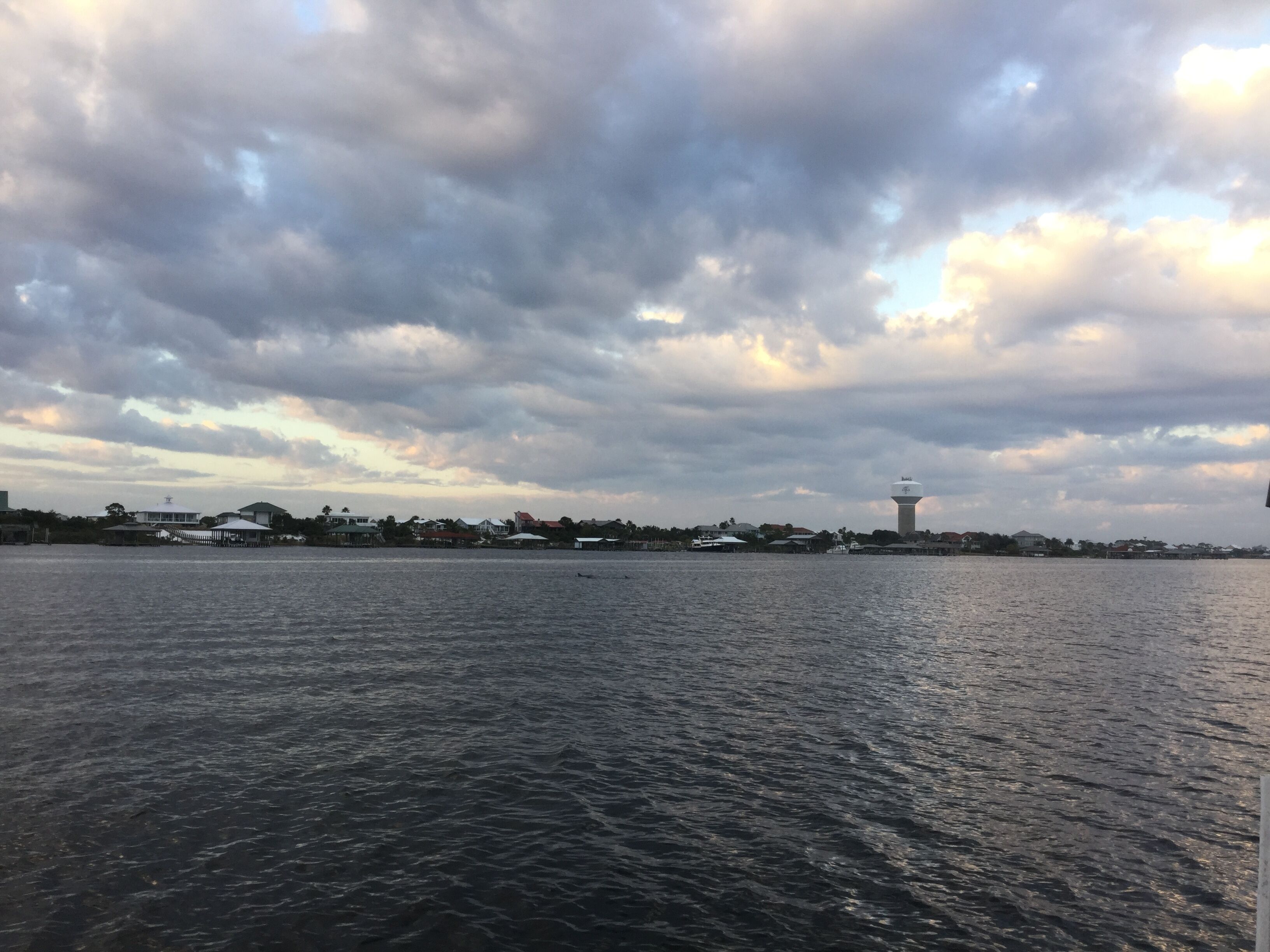 A waterfront view with a water tower and buildings along the shore.
