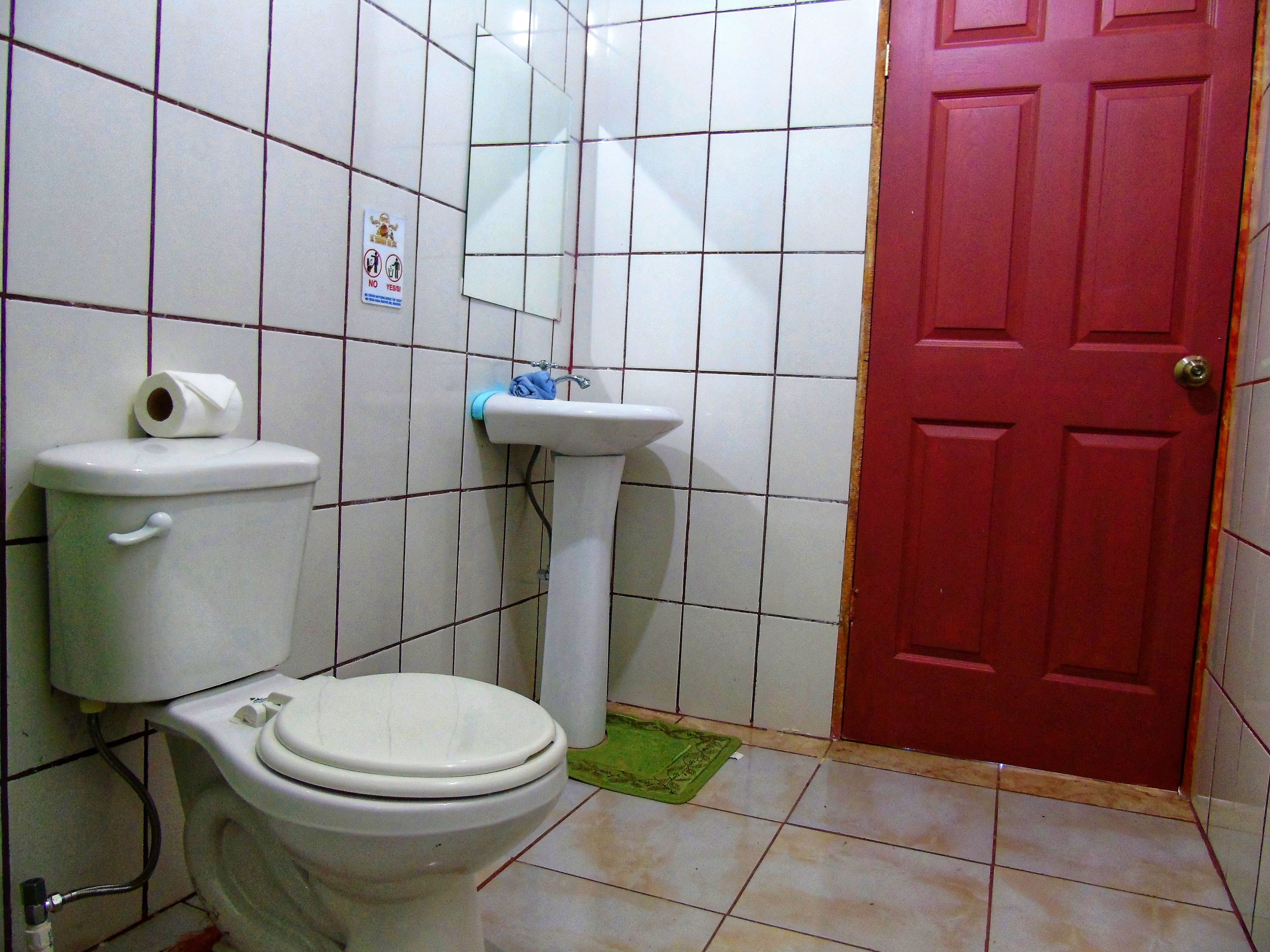 A bathroom with a toilet, sink, and a red door.