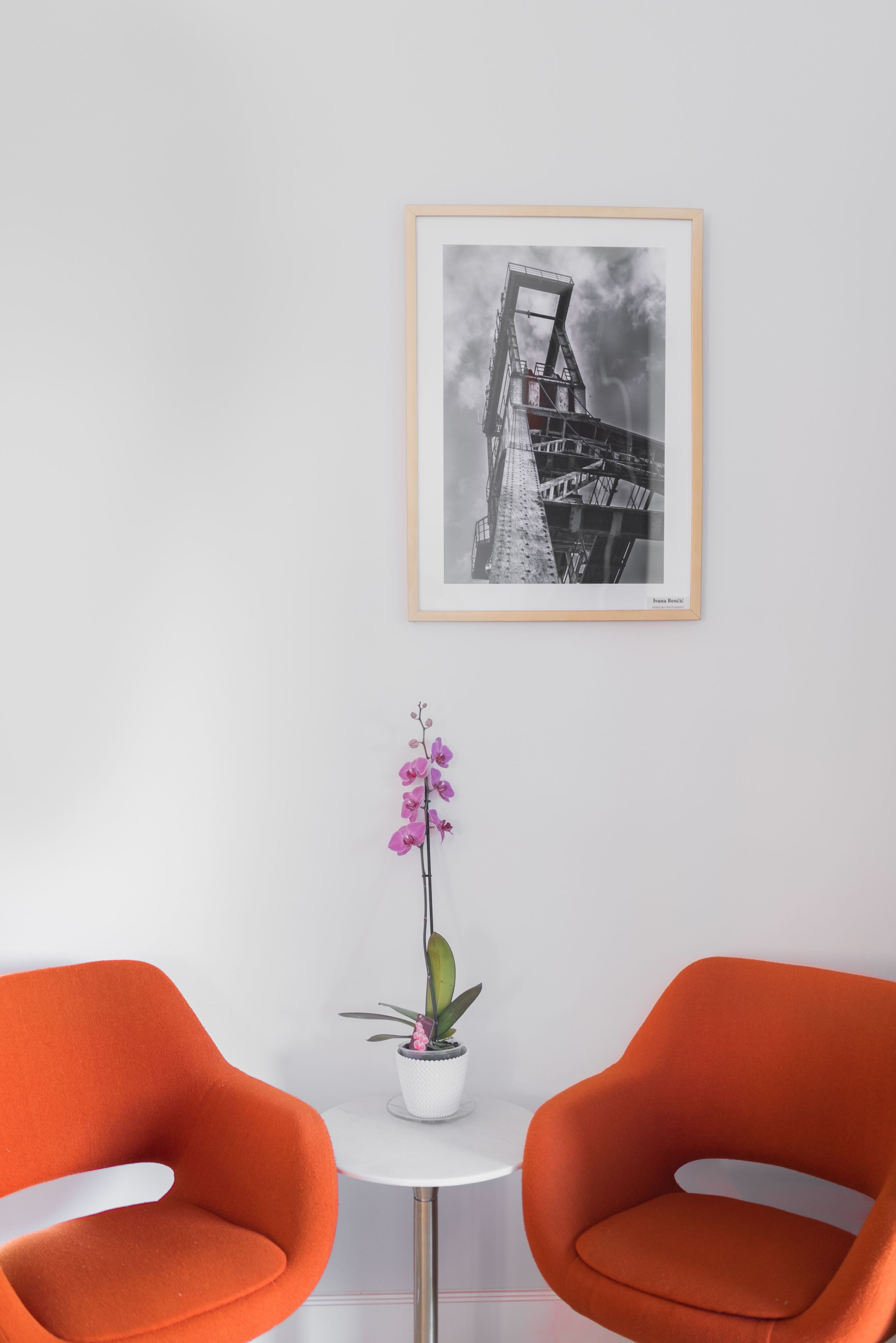 Ein gerahmtes Schwarz-Weiß-Foto von einer Brücke, einem kleinen weißen Tisch mit einem Topf-Orchideenstrauch und zwei orangefarbenen Stühlen.