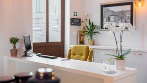 A reception desk with a computer, a telephone, and a chair. There are potted plants and a framed picture on the wall. - La Loggia Diffused Hotel (Labin)