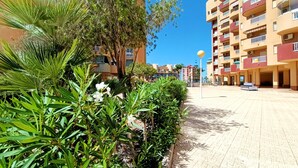 A courtyard with a paved walkway, surrounded by lush greenery and tall buildings with balconies. - 6th floor apartment ideal for families, free wifi, balcony, sea views (La Manga del Mar Menor)